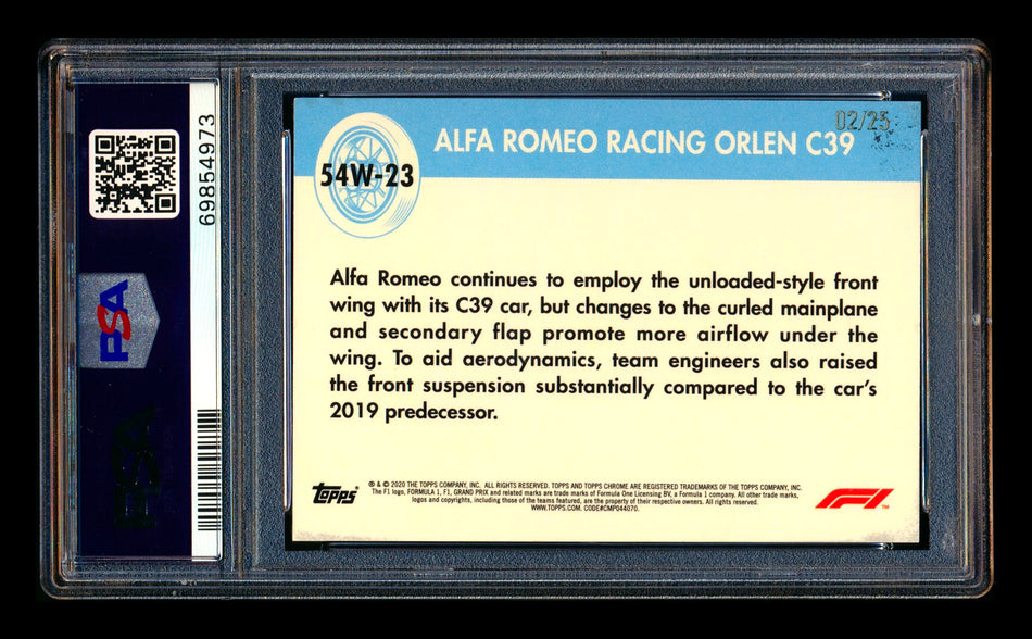2020 Topps Chrome F1 1954 World on Wheels #54W-23 Alfa Romeo Racing Orlen C39 RC Orange Refractor #02/25 PSA 9