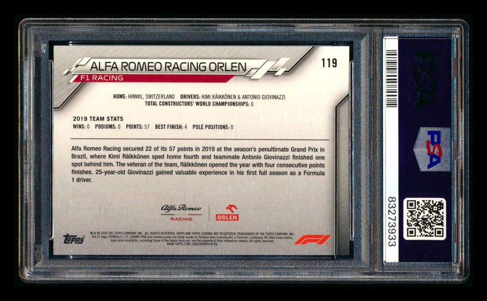 2020 Topps Chrome F1 #119 Alfa Romeo Racing Orlen Team Logo RC 70th Anniversary Orange Refractor PSA 9 ** (SOLD eBay - $89.00 - 6/14/2026) **