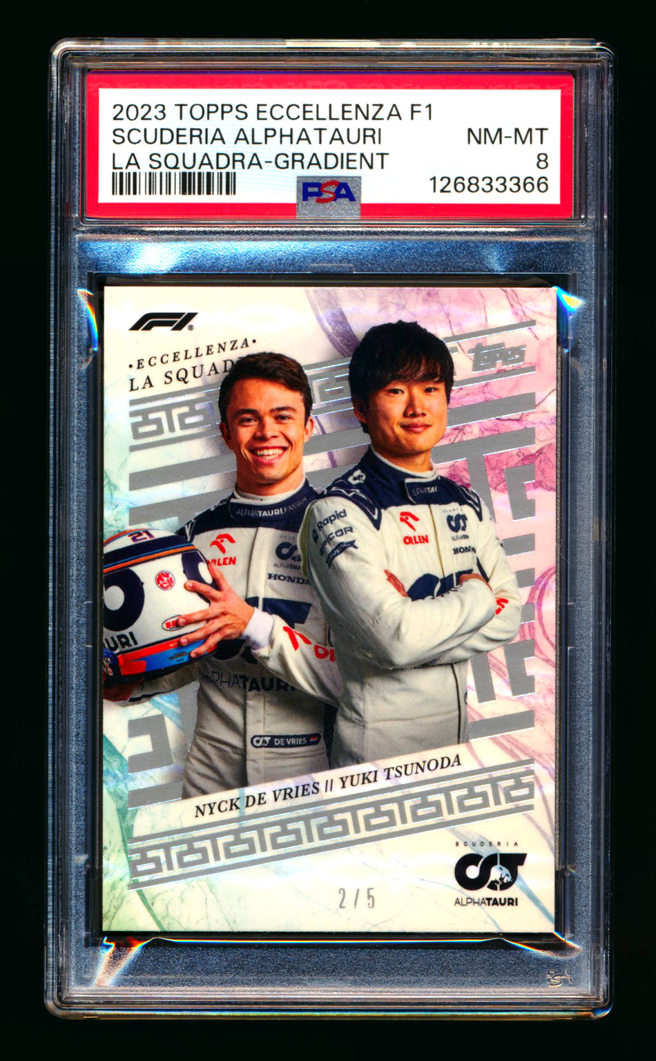 2023 Topps Eccellenza F1 La Squadra Scuderia AlphaTauri Yuki Tsunoda/Nyck De Vries RC Gradient Parallel #2/5 PSA 8