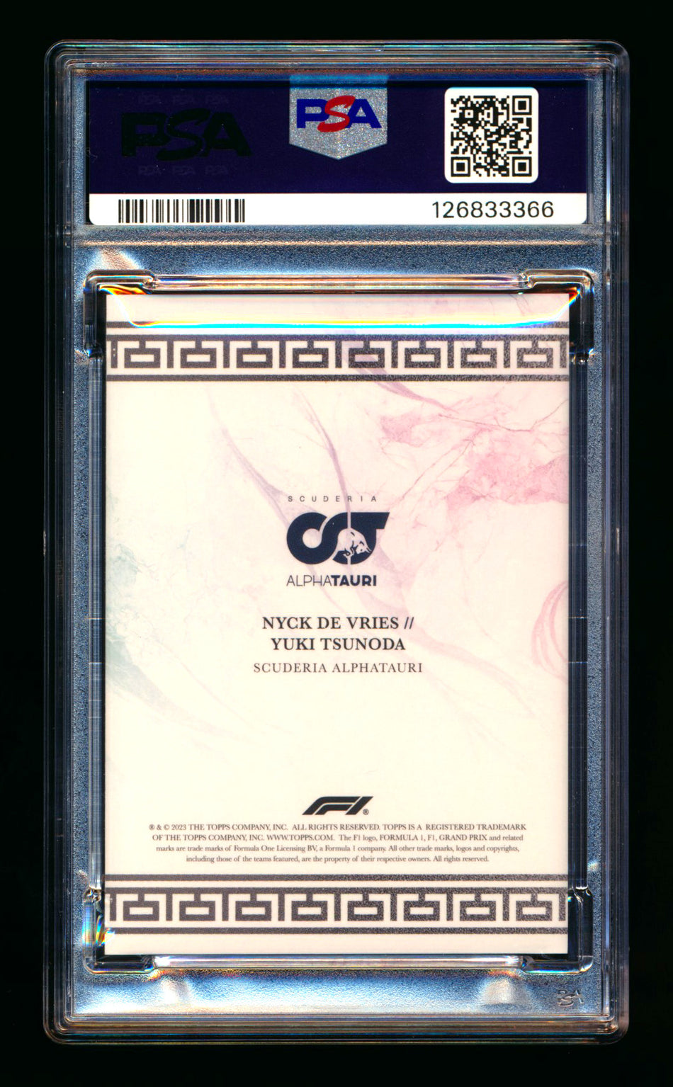 2023 Topps Eccellenza F1 La Squadra Scuderia AlphaTauri Yuki Tsunoda/Nyck De Vries RC Gradient Parallel #2/5 PSA 8