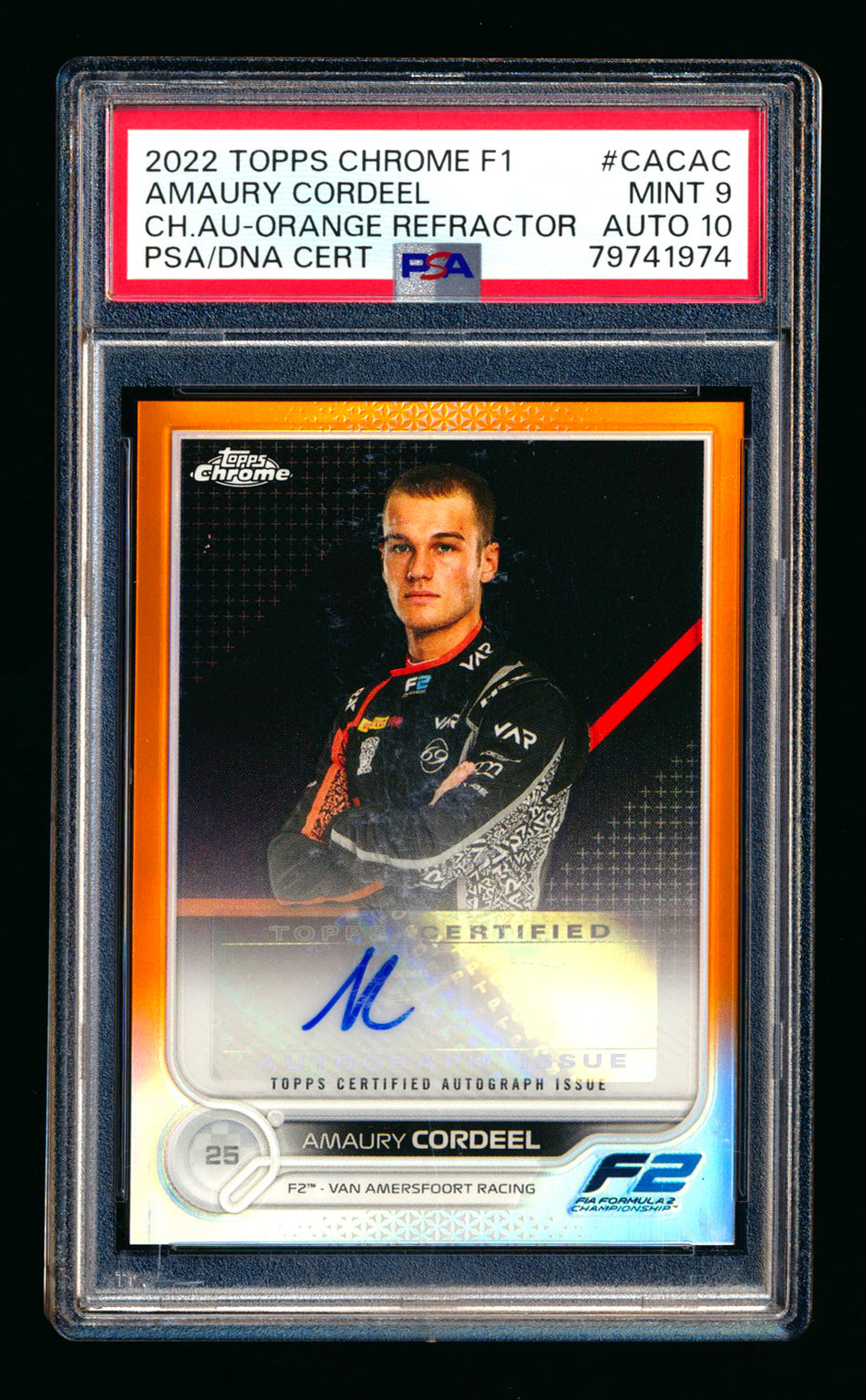 2022 Topps Chrome F1 #CAC-AC Amaury Cordeel RC Orange Refractor Autograph #21/25 PSA 9 DNA 10