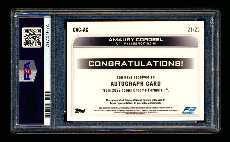 2022 Topps Chrome F1 #CAC-AC Amaury Cordeel RC Orange Refractor Autograph #21/25 PSA 9 DNA 10