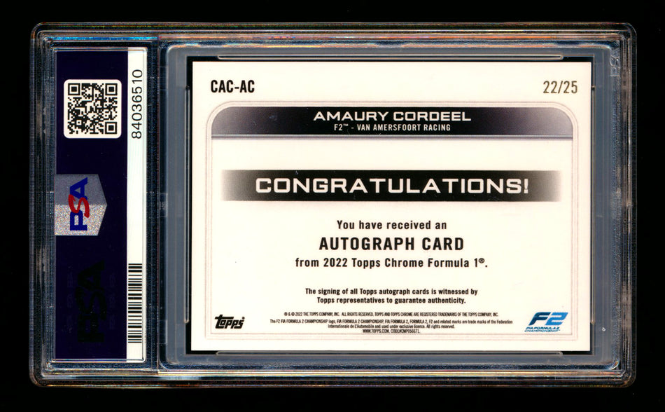 2022 Topps Chrome F1 #CAC-AC Amaury Cordeel RC Orange Refractor Autograph #22/25 PSA 10 DNA 9