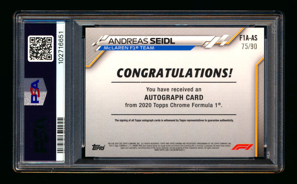 2020 Topps Chrome F1 #F1A-AS Andreas Seidl RC Refractor Autograph #75/90 PSA 8