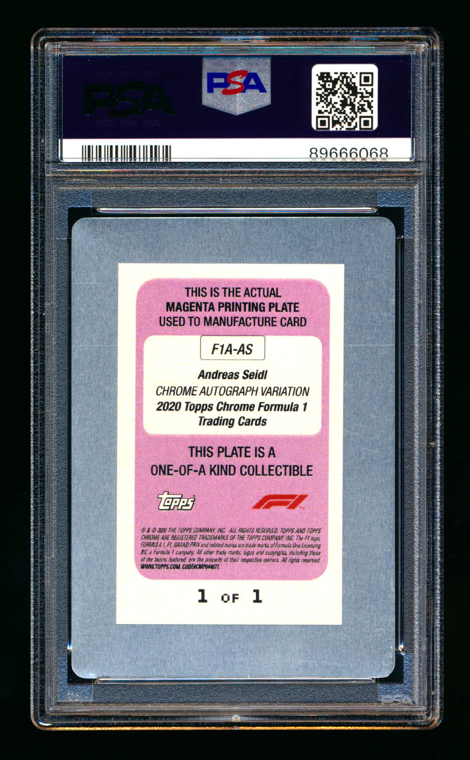 2020 Topps Chrome F1 #F1A-AS Andreas Seidl RC Magenta Printing Plate Autograph #1/1 PSA Authentic