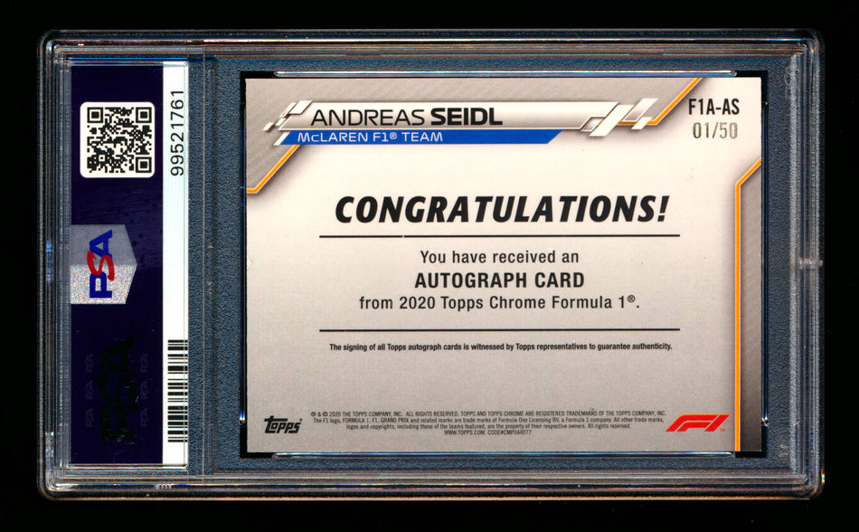 2020 Topps Chrome F1 #F1A-AS Andreas Seidl RC Gold Wave Refractor Autograph #01/50 PSA 7 DNA 9 (First #!) ** (SOLD - $249.00 - 11/1/2025) **