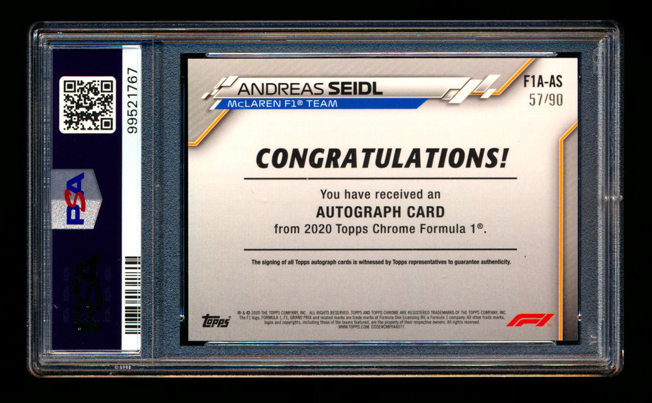 2020 Topps Chrome F1 #F1A-AS Andreas Seidl RC Refractor Autograph #57/90 PSA 8 DNA 10