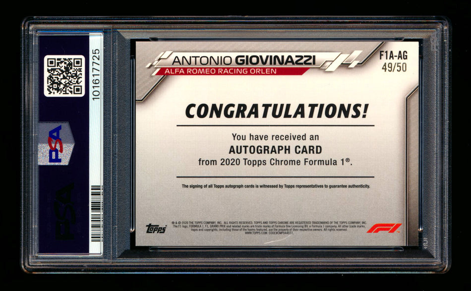 2020 Topps Chrome F1 #F1A-AG Antonio Giovinazzi RC Gold Wave Refractor Autograph #49/50 PSA 8
