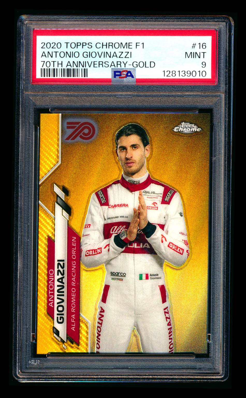 2020 Topps Chrome F1 #16 Antonio Giovinazzi RC 70th Anniversary Gold Refractor Portrait PSA 9