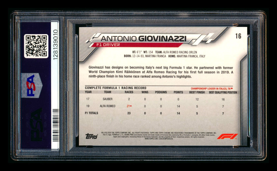 2020 Topps Chrome F1 #16 Antonio Giovinazzi RC 70th Anniversary Gold Refractor Portrait PSA 9