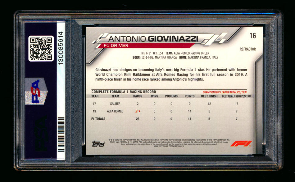 2020 Topps Chrome F1 #16 Antonio Giovinazzi RC Refractor Portrait PSA 10 ** (SOLD - $279.00 - 4/11/2026) **