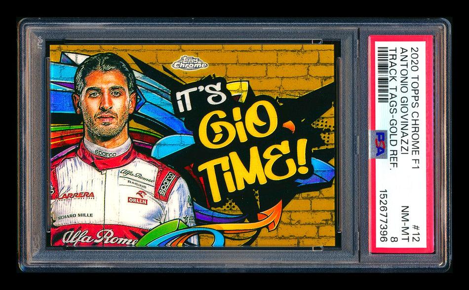 2020 Topps Chrome F1 Track Tags #TT-12 Antonio "It's Gio Time" Giovinazzi RC Gold Refractor #09/50 PSA 8