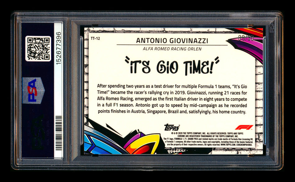 2020 Topps Chrome F1 Track Tags #TT-12 Antonio "It's Gio Time" Giovinazzi RC Gold Refractor #09/50 PSA 8