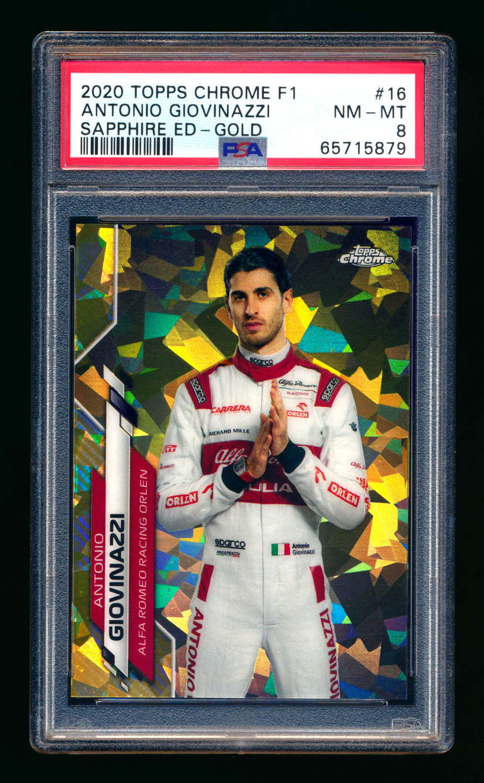2020 Topps Chrome Sapphire F1 #16 Antonio Giovinazzi RC Gold Refractor Portrait #10/50 PSA 8