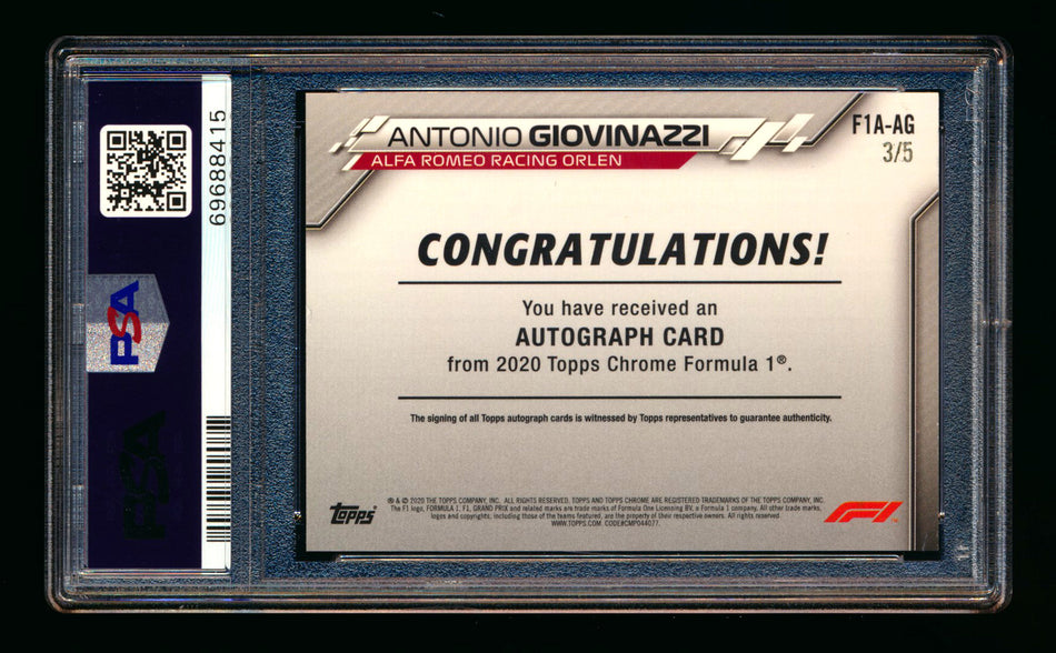 2020 Topps Chrome F1 #F1A-AG Antonio Giovinazzi RC Red Refractor Autograph #3/5 PSA 8 ** (SOLD - $5,500.00 - 1/12/2026) **