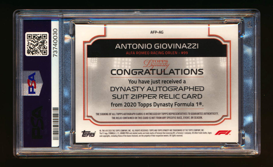 2020 Topps Dynasty F1 #AFP-AG Antonio Giovinazzi ROOKIE Zipper Patch Autograph #1/4 PSA 10 DNA 10 Gem Mint ** (SOLD - $795.00 - 10/23/2024) **