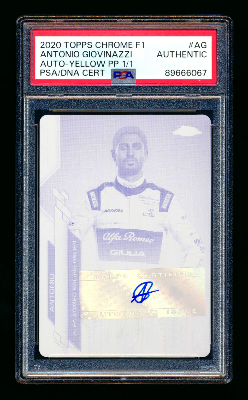 2020 Topps Chrome F1 #F1A-AG Antonio Giovinazzi RC Yellow Printing Plate Autograph #1/1 PSA Authentic