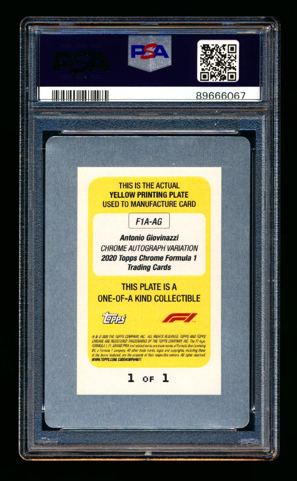 2020 Topps Chrome F1 #F1A-AG Antonio Giovinazzi RC Yellow Printing Plate Autograph #1/1 PSA Authentic