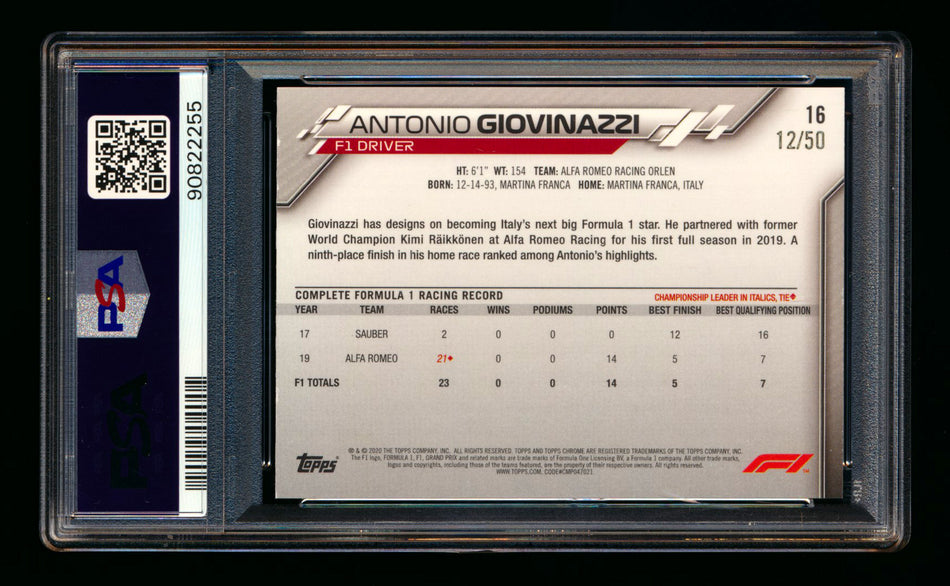 2020 Topps Chrome Sapphire F1 #16 Antonio Giovinazzi RC Gold Refractor Portrait #12/50 PSA 9