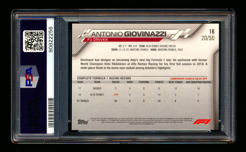 2020 Topps Chrome Sapphire F1 #16 Antonio Giovinazzi RC Gold Refractor Portrait #20/50 PSA 9