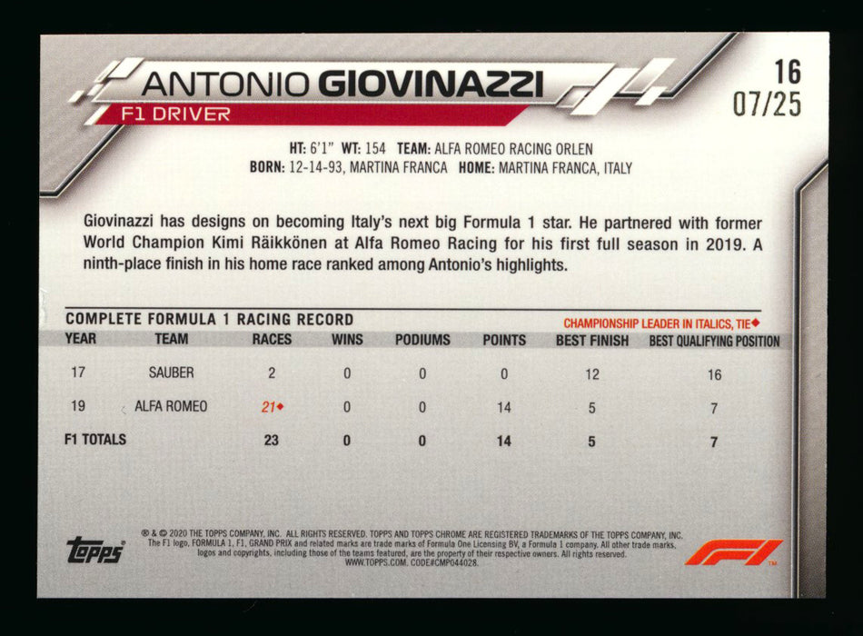 2020 Topps Chrome F1 #16 Antonio Giovinazzi RC Orange Refractor Portrait #07/25 (Ultimate Wishlist - Wish Granted!) ** (SOLD - $100.00 - 11/20/2024) **