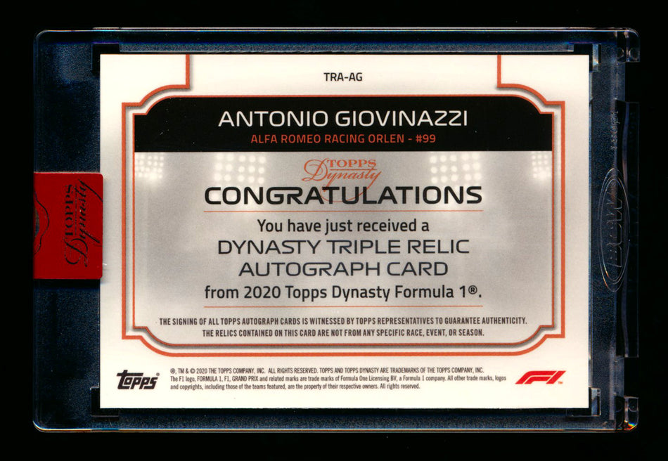 2020 Topps Dynasty F1 #TRA-AG Antonio Giovinazzi ROOKIE Triple Patch Autograph #06/10 ** (SOLD - $250.00 - 2/1/2025) **