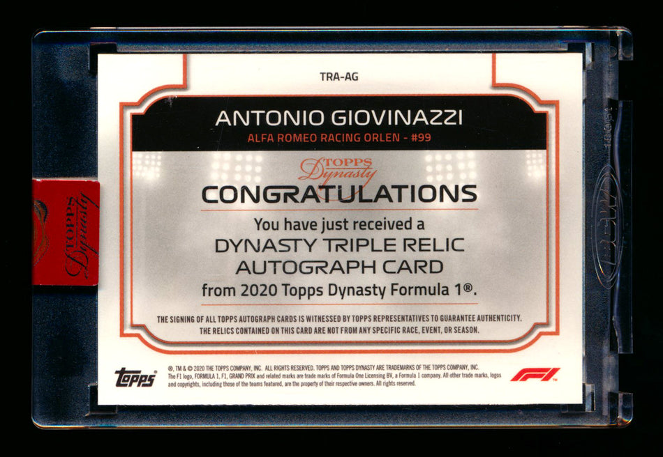 2020 Topps Dynasty F1 #TRA-AG Antonio Giovinazzi ROOKIE Triple Patch Autograph #03/10 ** (SOLD - $295.00 - 3/1/2025) **