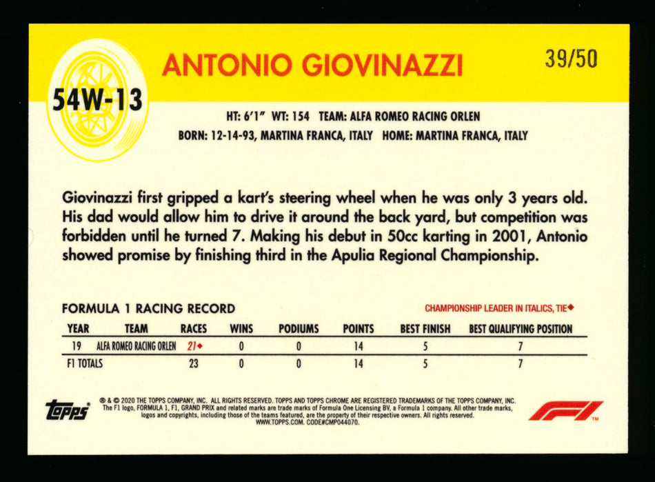 2020 Topps Chrome F1 1954 World on Wheels #54W-13 Antonio Giovinazzi RC Gold Refractor #39/50 (Ultimate Wishlist - Wish Granted!) ** (SOLD - $160.00 - 1/11/2025) **