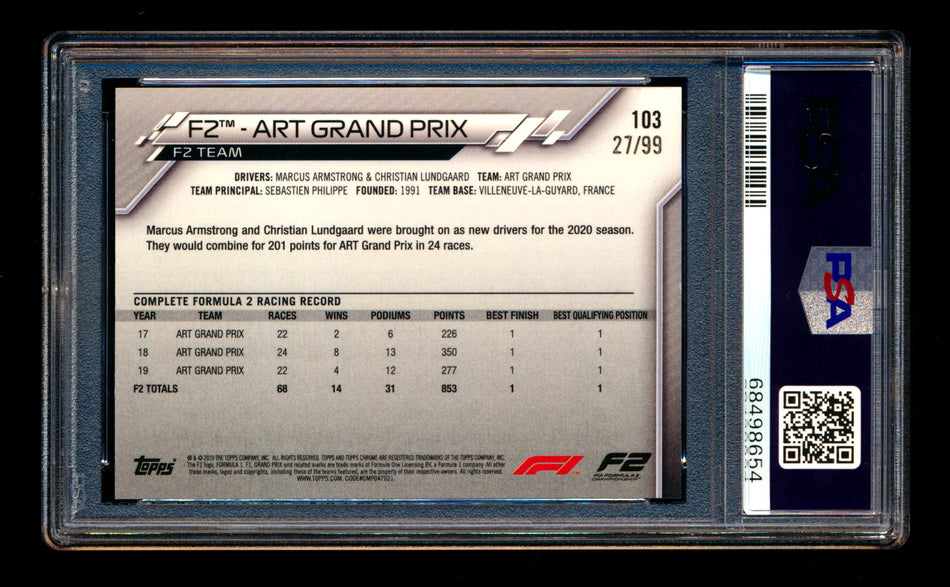 2020 Topps Chrome Sapphire F1 #103 Art Grand Prix RC Aqua Refractor #27/99 PSA 8