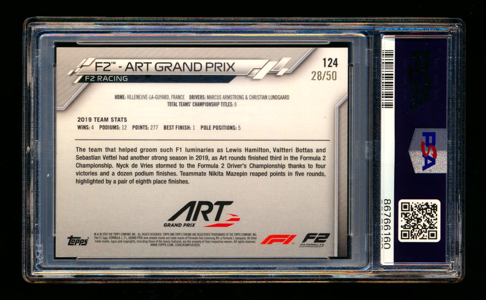 2020 Topps Chrome F1 #124 Art Grand Prix Team Logo RC Gold Refractor #28/50 PSA 9