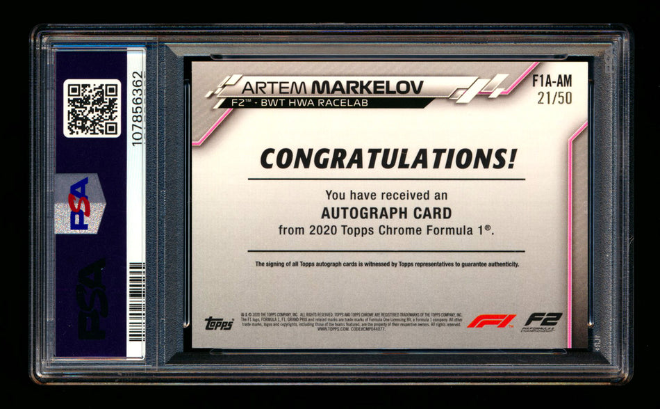 2020 Topps Chrome F1 #F1A-AM Artem Markelov RC Gold Wave Refractor Autograph #21/50 PSA 7 ** (SOLD - $59.00 - 11/1/2025) **