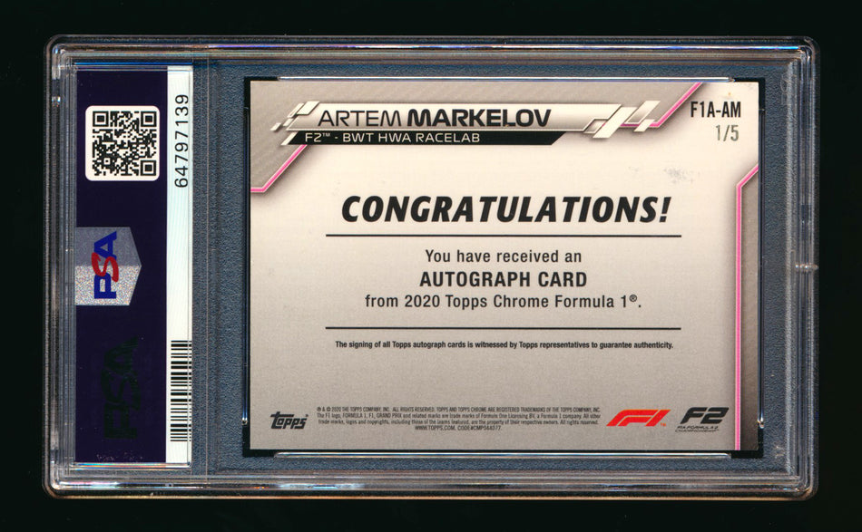 2020 Topps Chrome F1 #F1A-AM Artem Markelov RC Red Refractor Autograph #1/5 PSA 8 Auto 10 (First #!) ** (SOLD - $1,700.00 - 10/15/2025) **