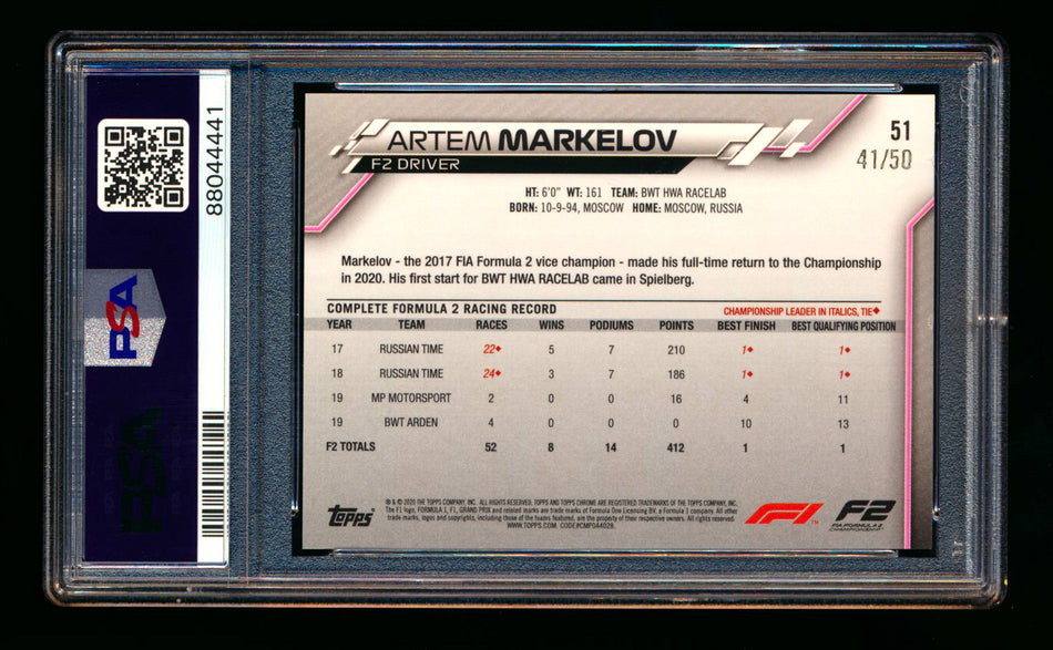 2020 Topps Chrome F1 #51 Artem Markelov RC Gold Refractor #41/50 PSA 8