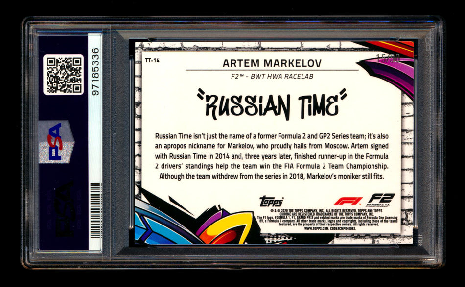 2020 Topps Chrome F1 Track Tags #TT-14 Artem "Russian Time" Markelov RC Gold Refractor #15/50 PSA 8 ** (SOLD - $329.00 - 1/17/2025) **