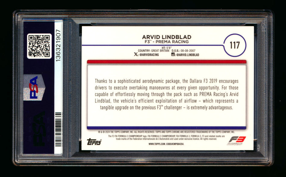 2024 Topps Chrome Sapphire F1 #117 Arvid Lindblad RC Purple Refractor #01/10 PSA 10 ** (SOLD eBay - $295.00 - 3/5/2026) **