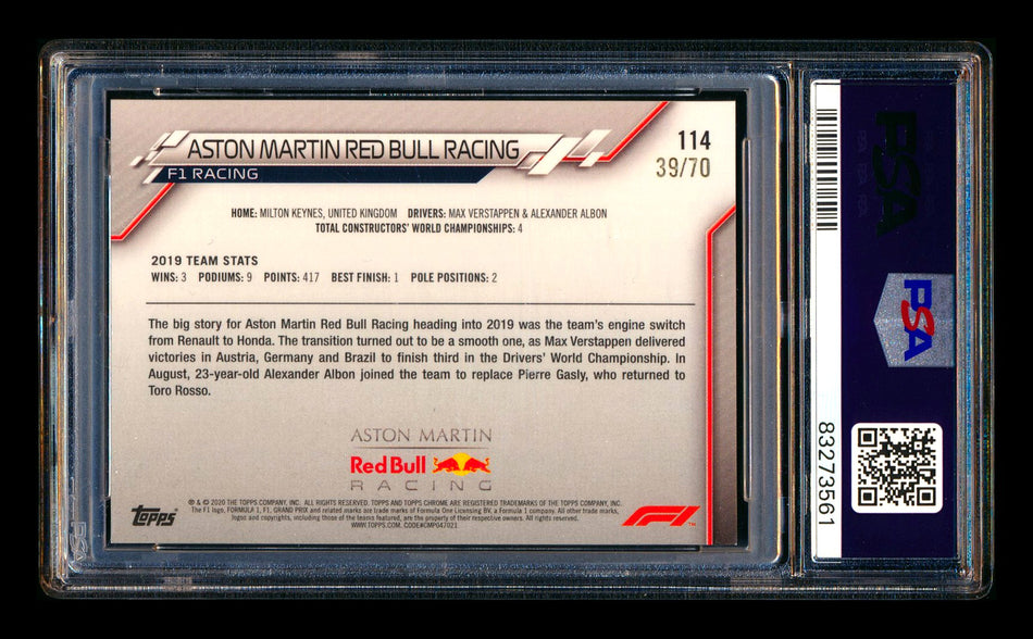 2020 Topps Chrome Sapphire F1 #114 Aston Martin Red Bull Team Logo RC 70th Silver Refractor #39/70 PSA 10