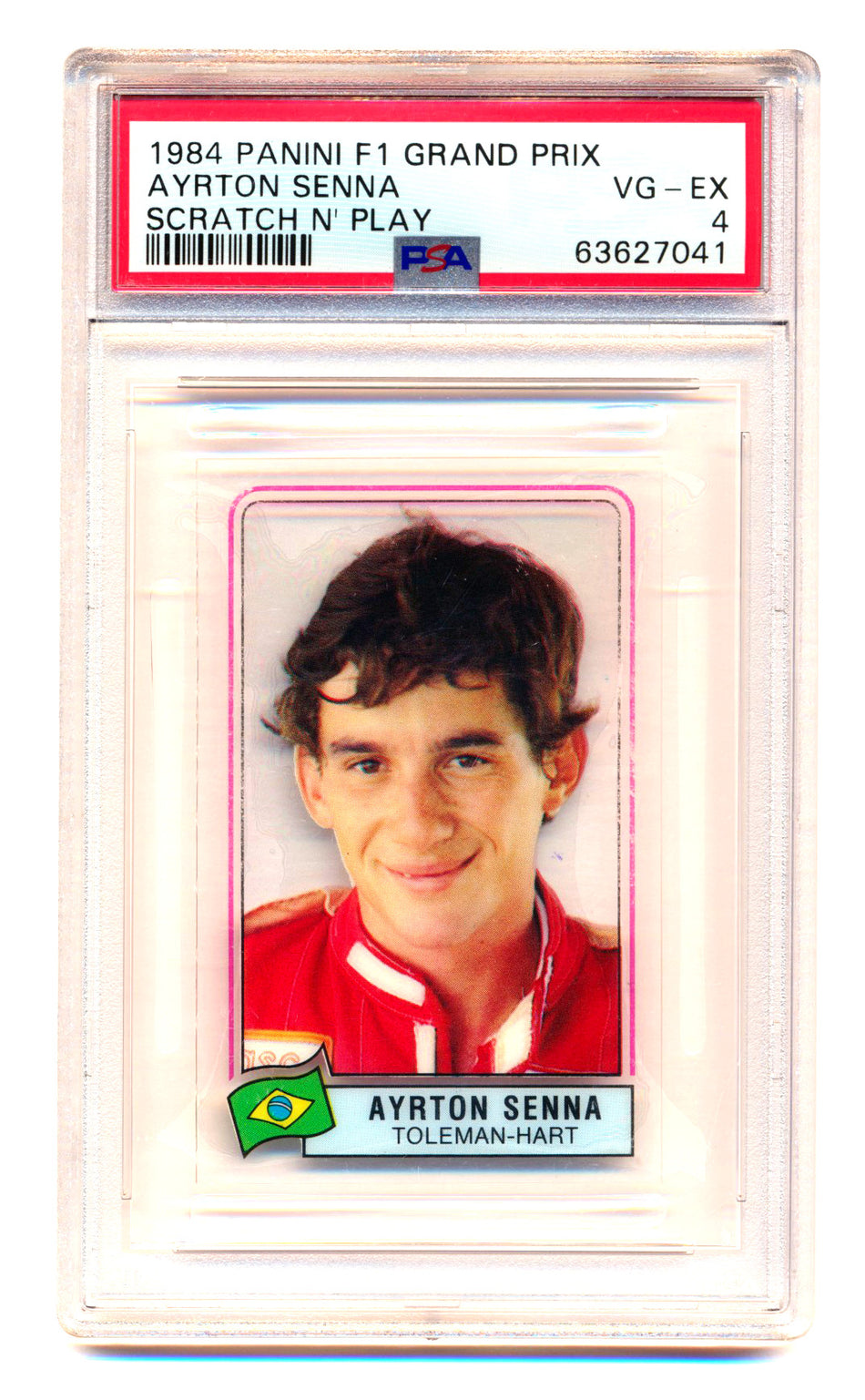 1984 Panini F1 Grand Prix Ayrton Senna RC Scratch N' Play PSA 4