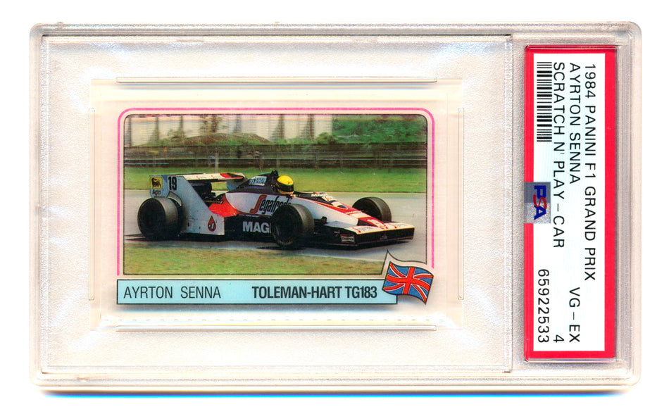 1984 Panini F1 Grand Prix Ayrton Senna RC  Scratch N' Play Car PSA 4
