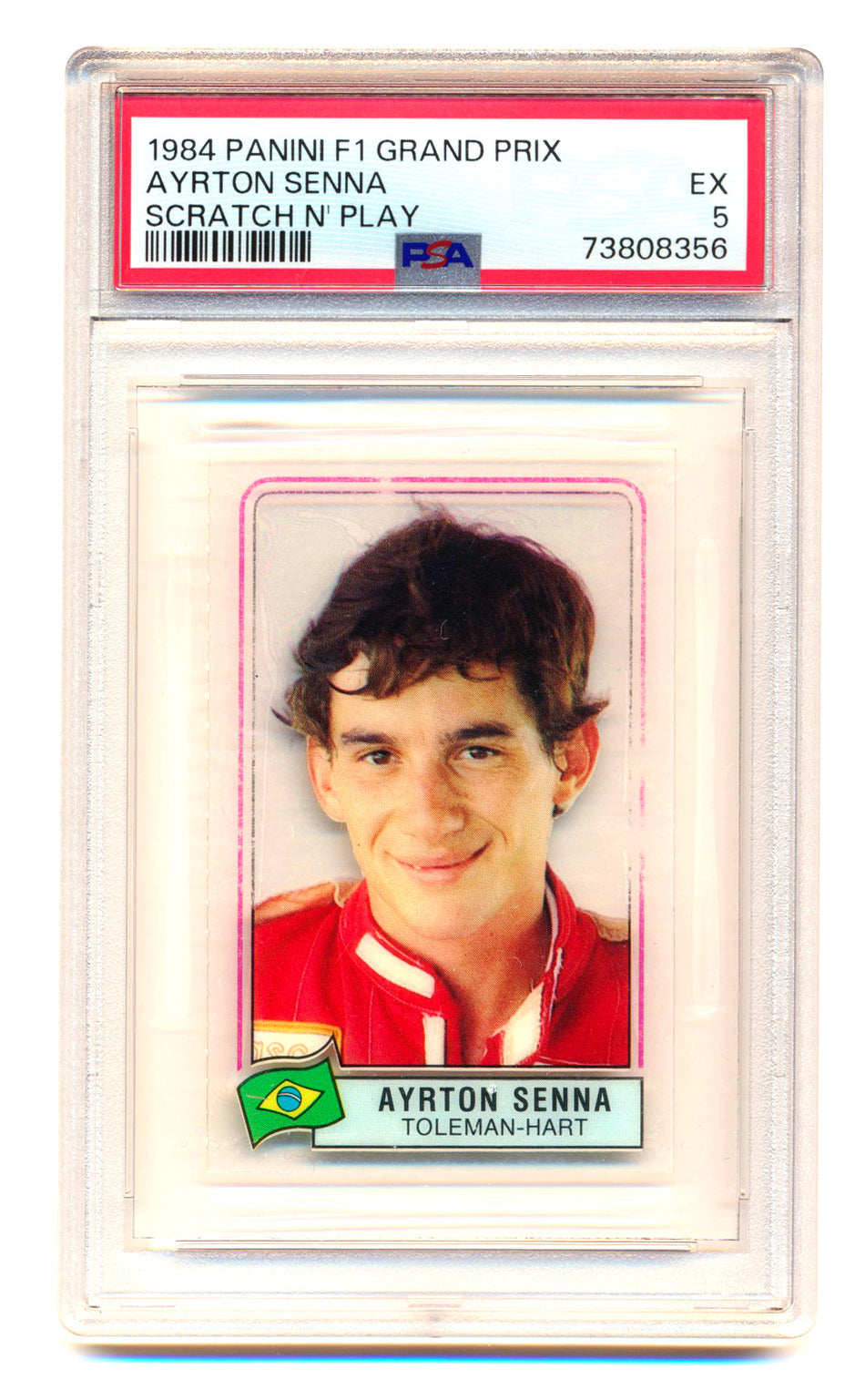1984 Panini F1 Grand Prix Ayrton Senna RC Scratch N' Play PSA 5