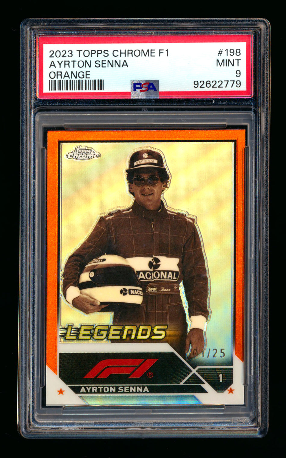 2023 Topps Chrome F1 #198 Ayrton Senna 1ST Year Orange Refractor #01/25 PSA 9 (First #!)