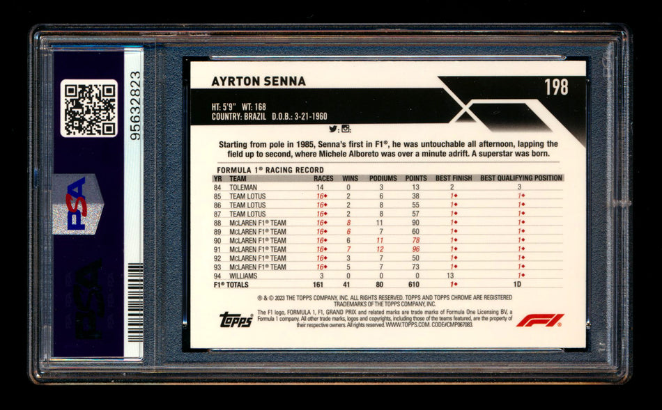 2023 Topps Chrome F1 #198 Ayrton Senna 1ST Year Refractor Image Variation SP PSA 10 ** (SOLD eBay - $129.00 - 1/19/2025) **
