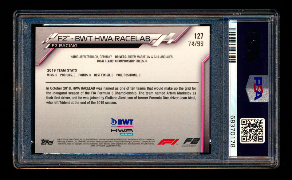 2020 Topps Chrome Sapphire F1 #127 BWT HWA Racelab Team Logo RC Aqua Refractor #74/99 PSA 8 ** (SOLD eBay - $35.00 - 4/13/2025) **