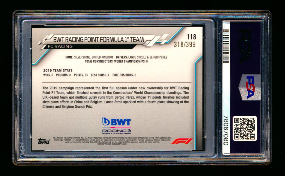 2020 Topps Chrome F1 #118 BWT Racing Point Team Logo RC Purple Refractor #318/399 PSA 8 ** (SOLD - $19.00 - 12/19/2024) **