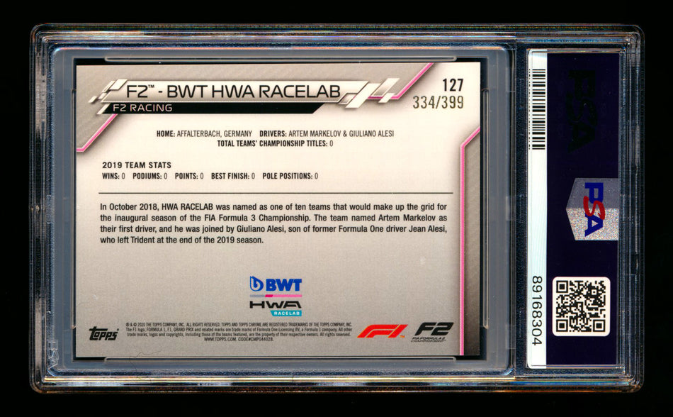 2020 Topps Chrome F1 #127 BWT HWA Racelab Team Logo RC Purple Refractor #334/399 PSA 8
