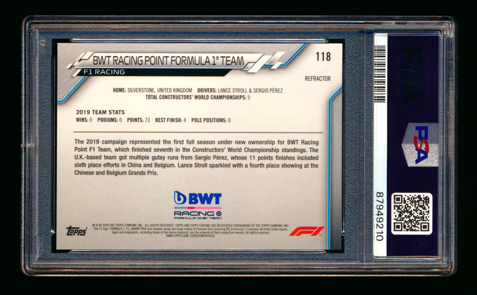 2020 Topps Chrome F1 #118 BWT Racing Point Team Logo RC Refractor PSA 10 ** (SOLD - $99.00 - 11/2/2024) **