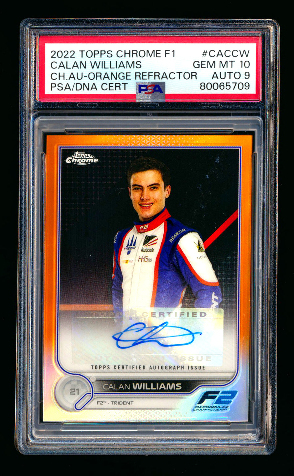 2022 Topps Chrome F1 #CAC-CW Calan Williams RC Orange Refractor Autograph #16/25 PSA 10 DNA 9