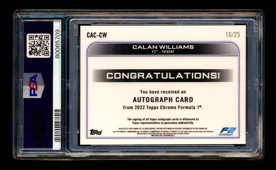 2022 Topps Chrome F1 #CAC-CW Calan Williams RC Orange Refractor Autograph #16/25 PSA 10 DNA 9
