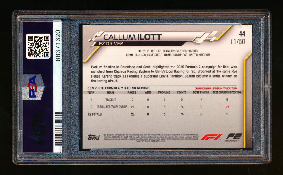 2020 Topps Chrome Sapphire F1 #44 Callum Ilott RC Gold Refractor #11/50 PSA 8