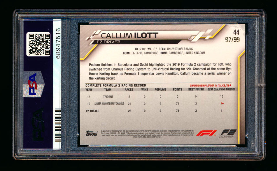 2020 Topps Chrome Sapphire F1 #44 Callum Ilott RC Aqua Refractor #97/99 PSA 9