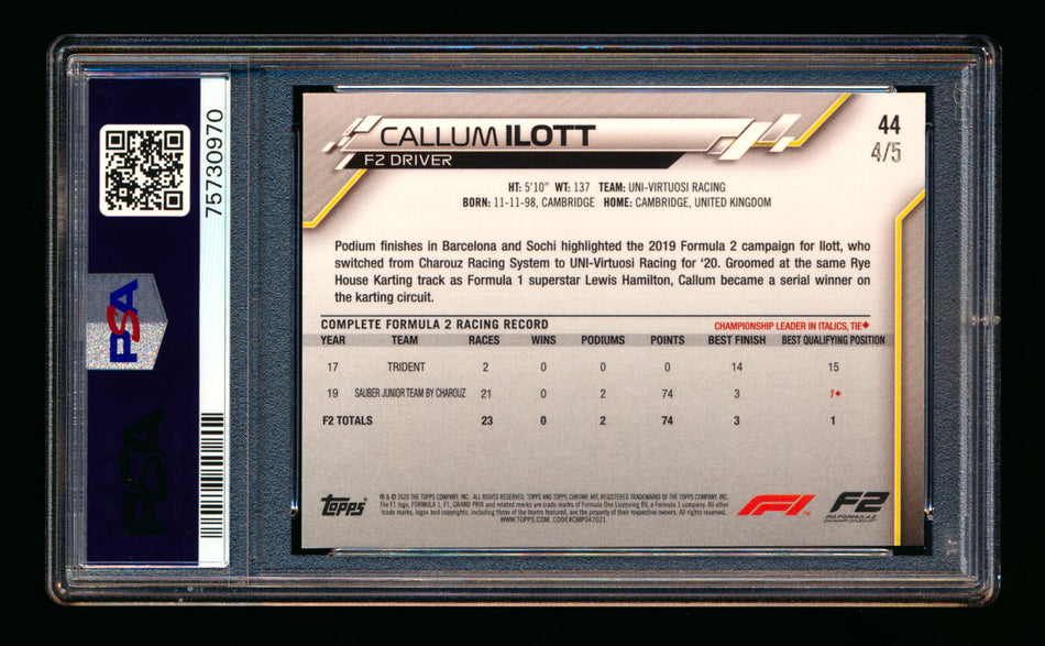 2020 Topps Chrome Sapphire F1 #44 Callum Ilott RC Red Refractor #4/5 PSA 8